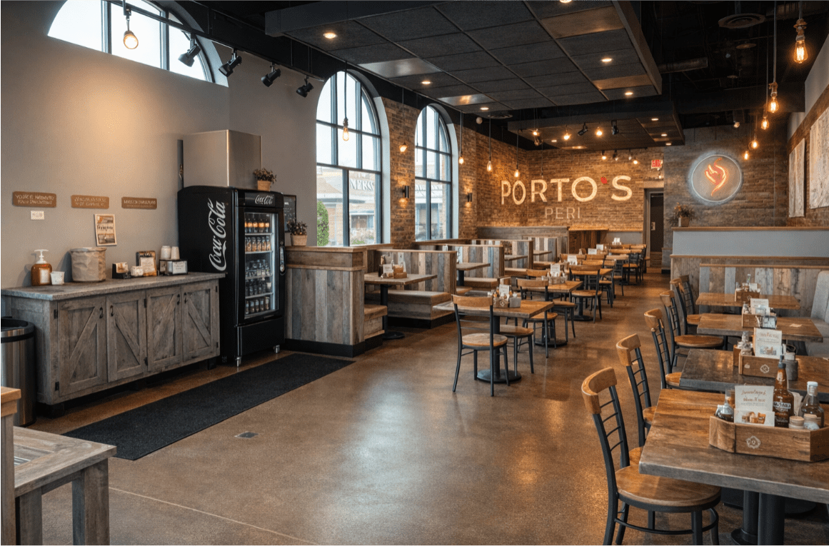 Modern restaurant interior with wooden tables and chairs.